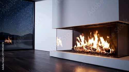 Modern glass fireplace with warm burning logs and stunning starry night sky view through a large window creating a cozy and luxurious evening ambiance