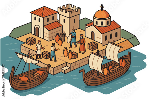 Isometric ancient port with traders and ships