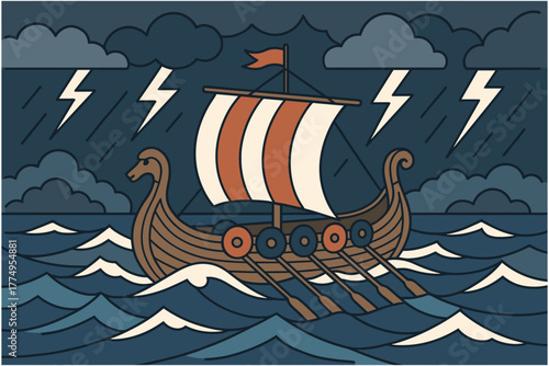 Viking ship in stormy seas with lightning in stylized linear art