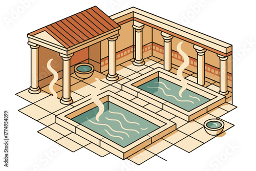 Ancient roman bathhouse with isometric design and classical architecture