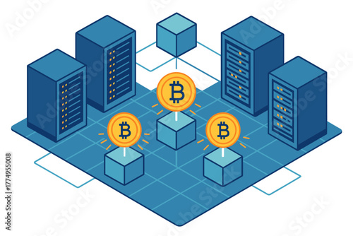 Isometric blockchain technology with bitcoin icons in a data center