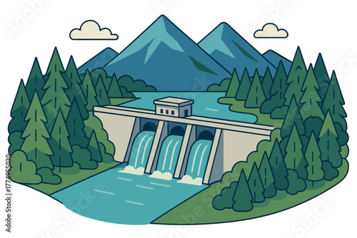 Hydroelectric dam in mountain landscape with evergreen forest in flat style