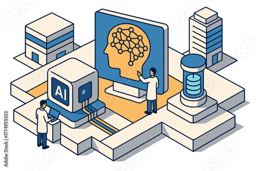 Isometric ai and technology concept with researchers analyzing neural networks and data structures