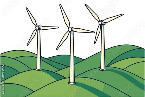 Eco-friendly landscape with wind turbines on rolling green hills