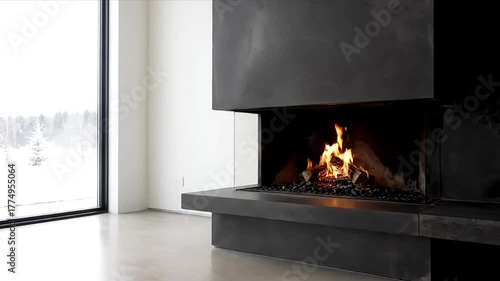Luxurious Modern Minimalist Fireplace with Glowing Flames Warming a Sleek Contemporary Interior Featuring a Large Panoramic Window Showcasing a Serene Snowy