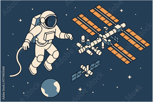 Retro space explorer and satellite station against starry sky