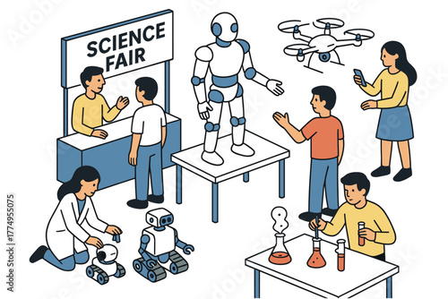 Innovative science fair with robotics, ai, and drone technology in isometric style