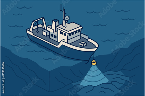 Isometric fishing boat with sonar navigating underwater in ocean at night