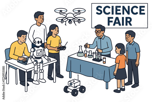 Science fair with students engaging in robotics and experiments