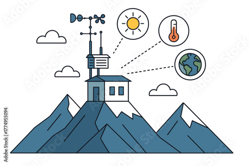 Weather station on mountain monitoring climate changes with meteorological equipment