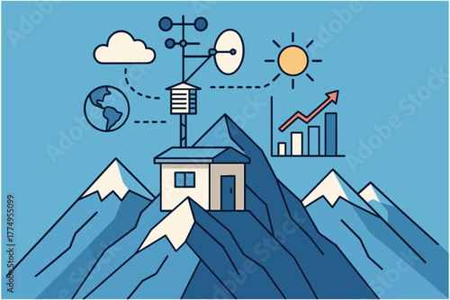 Weather station on mountain summit with blue sky and sun in line art style