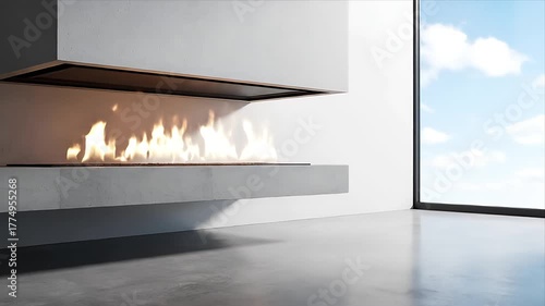 Modern Minimalist Fireplace with Dancing Flames and Scenic Window View of Blue Sky and Clouds in a Contemporary Luxury Home Interior Design