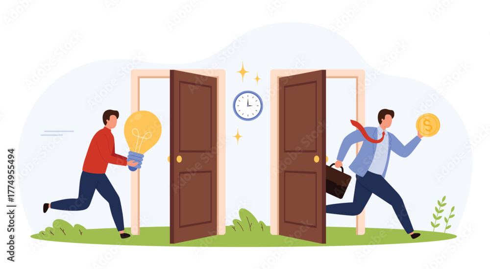 Fototapeta premium Businessman carrying lightbulb enters door, transforms into professional running with coin and briefcase. Career growth, opportunity, achievement, financial success isolated vector illustration