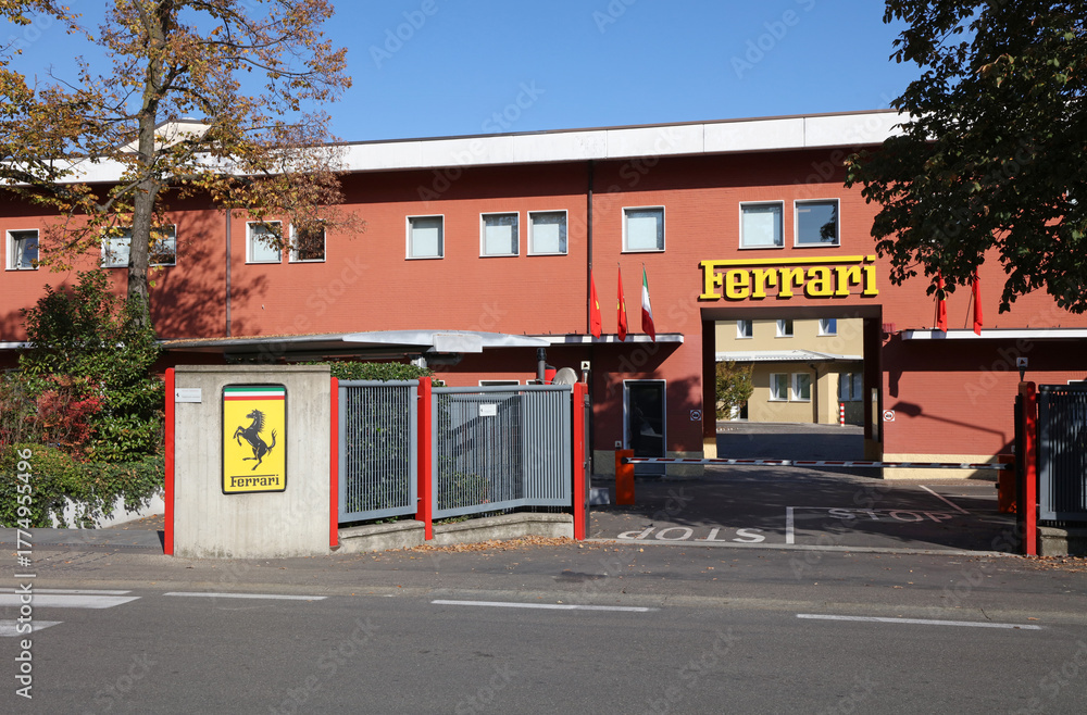 Obraz premium Maranello, Modena, Italy - Oct 17, 2025: The Ferrari headquarters in Maranello. Ferrari is a luxury sports car manufacturer and F1 racing company.