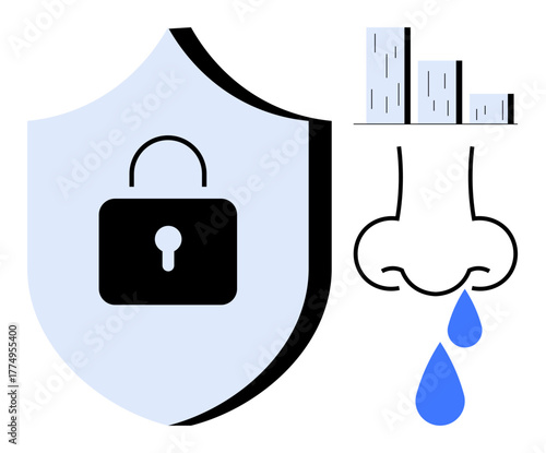 Padlock on shield represents security, while nose and bar chart imply health or medical data. Ideal for cybersecurity, data privacy, health analysis, health apps, allergies, environmental safety