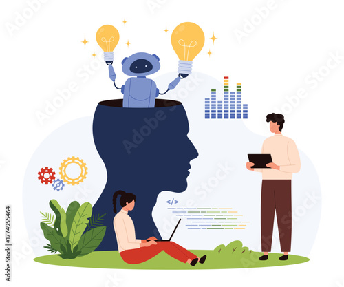 Robot emerging from human head holding light bulbs, surrounded by tiny people coding and analyzing, symbolizing teamwork, innovation, and AI technology isolated vector illustration