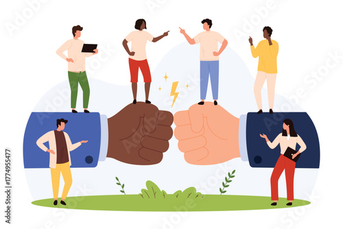 Diverse business people arguing and debating on giant fists symbolizing workplace conflict, tension, and communication issues in teamwork isolated vector illustration