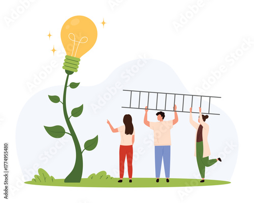Three people collaborate using a ladder to reach a giant lightbulb growing on a plant, symbolizing innovation, growth, and successful teamwork in project development isolated vector illustration