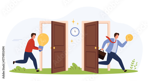 Businessman carrying lightbulb enters door, transforms into professional running with coin and briefcase. Career growth, opportunity, achievement, financial success isolated vector illustration