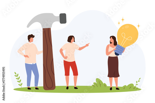 Tiny people with oversized hammer and glowing lightbulb represent business risk, unfair competition, conflict, and creative ideas in a modern flat style isolated vector illustration