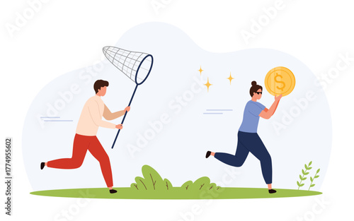 Financial scam concept showing a man chasing a woman thief running with a gold coin symbolizing online fraud, theft, deception, and cybercrime isolated vector illustration