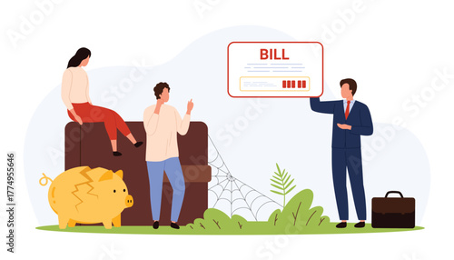 Group of people with broken piggy bank, overdue bill, cobwebs, and worried expressions reflecting economic inflation, debt, and financial hardship isolated vector illustration