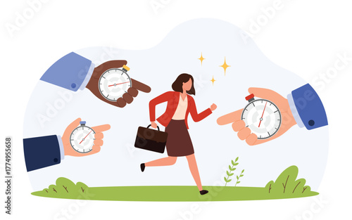 Female professional running with briefcase surrounded by hands holding stopwatches symbolizing hustle culture, urgency, and workplace stress isolated vector illustration