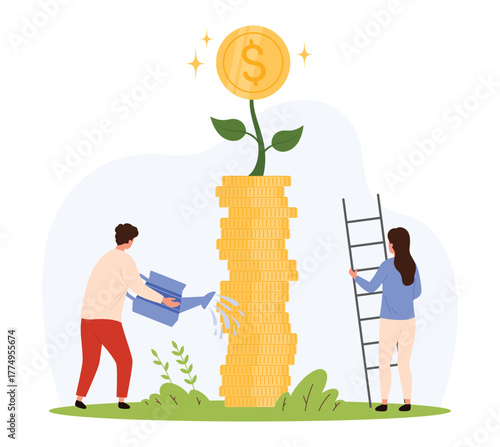 Man watering coin stack with plant sprout, woman holding ladder, symbolizing financial growth, nurturing investments, wealth building, teamwork, flat style isolated vector illustration