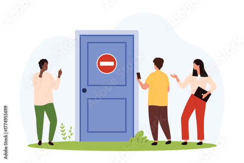 Three diverse people stand before a closed door with a prohibition sign, symbolizing job shortage, unemployment, and limited career access isolated vector illustration