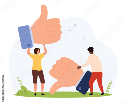Cartoon man and woman interacting with giant thumbs up and thumbs down symbols representing approval and disapproval, feedback, evaluation, and opinion isolated vector illustration