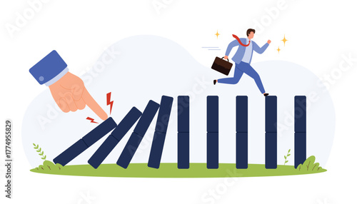Businessman jumps over falling dominoes as a giant hand triggers chain reaction, proactive crisis management, risk avoidance, leadership in challenging situations isolated vector illustration