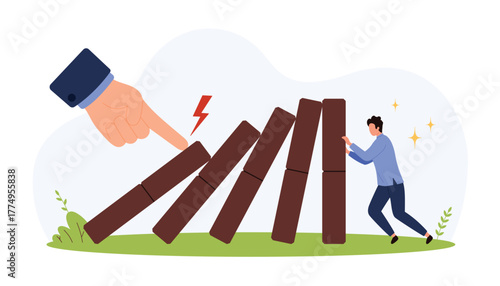 Businessman preventing falling dominoes with large hand triggering chain reaction, symbolizing proactive crisis response, risk management, and problem solving isolated vector illustration