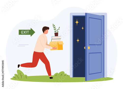 Man carrying box with personal items heading toward open door and exit sign symbolizing quitting job, career change, retirement, workplace transition, isolated vector illustration