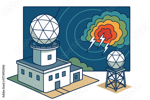 Isometric radar station with thunderstorm prediction on screen
