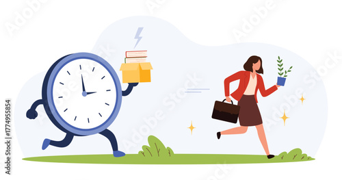 Female office worker running away from a giant clock character symbolizing stress, deadlines, and escaping work responsibilities in a flat cartoon style isolated vector illustration