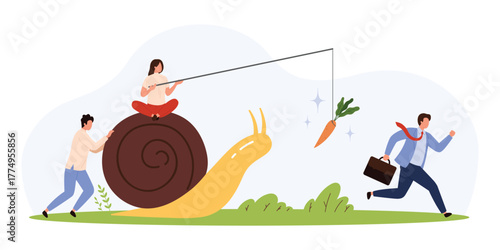 Business people using motivation strategy with carrot on stick, snail symbolizing slow progress, teamwork, leadership, and goal pursuit in flat style isolated vector illustration