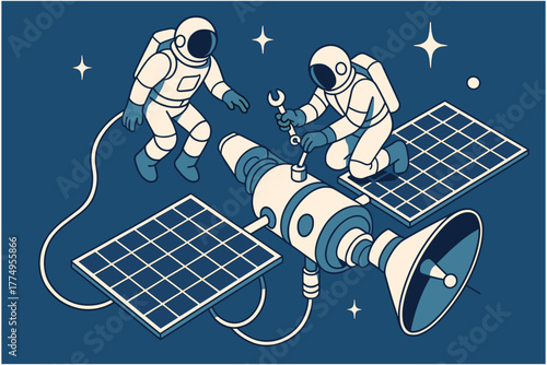 Astronauts repair satellite in space with tools and solar panels in flat style