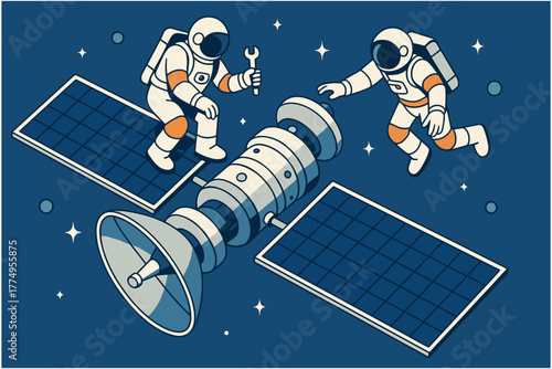Astronauts repairing satellite in space: futuristic isometric design with stars