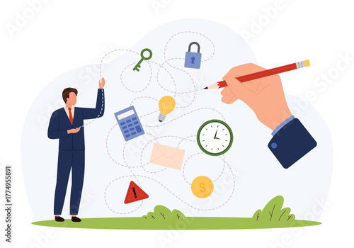 Businessman standing as large hand draws winding path connecting icons for key, lock, calculator, lightbulb, envelope, clock, warning, and coin isolated vector illustration