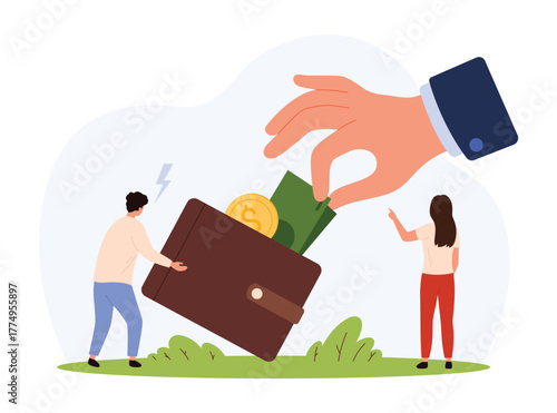 Large hand removes cash and coin from wallet as two small people react showing financial burden, tax, fee, and inflation impact in modern economy isolated vector illustration
