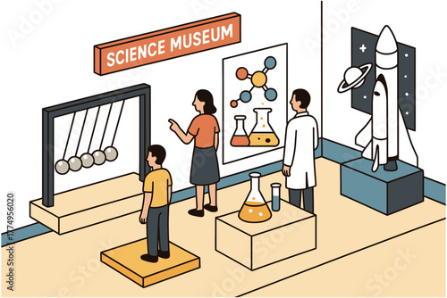 Science museum exhibit with visitors viewing interactive displays and space rocket models in isometric style