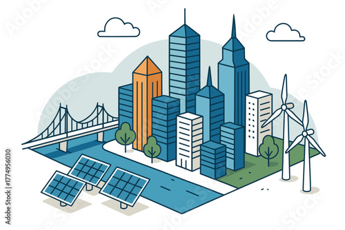 Sustainable city with renewable energy: solar panels, wind turbines, and urban architecture