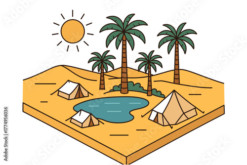 Isometric desert oasis with tents and palm trees under the sun
