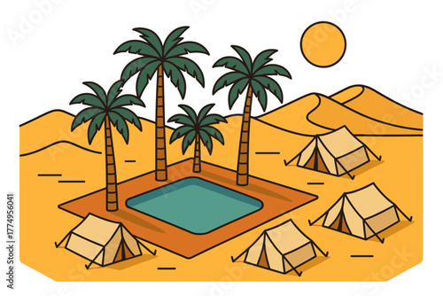 Desert oasis with tents and palm trees in a flat minimalist style