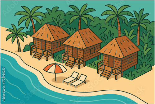 Tropical beachfront bungalows with palm trees and ocean view in flat design