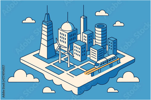 Modern isometric smart city with blue sky and clouds theme