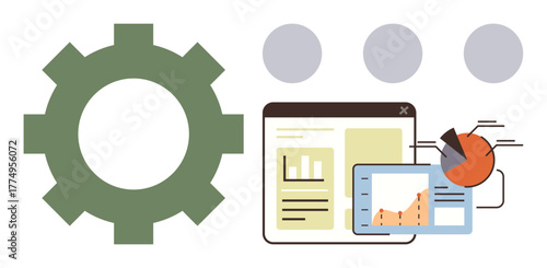 Gear beside analytical dashboard featuring charts, graphs, and data visuals. Ideal for technology, optimization, productivity, efficiency, analytics business strategy and development. Simple flat