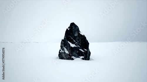 Majestic dark rock formation isolated in a vast pristine white snowfield under a cloudy winter sky showcasing natures stark and serene beauty