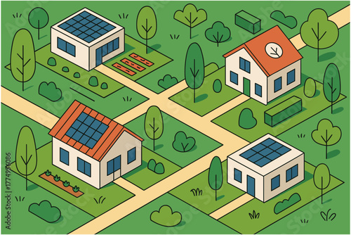 Isometric eco-friendly neighborhood with solar panel rooftops and green spaces