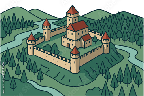 Medieval fortress in forested landscape with river and mountains in flat design
